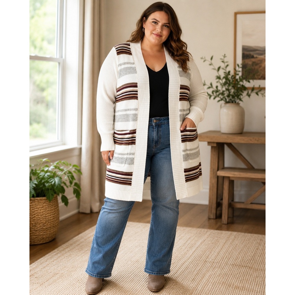 Torrid‎ Womens Plus 3 Striped Open Front Longline Cardigan Sweater White Multi